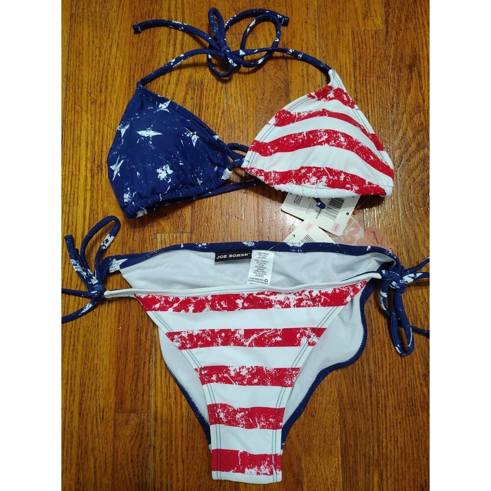 Joe Boxer Women’s Bikini Set L Red W Blue Stars Stripes Y2K Swim Suit NWT